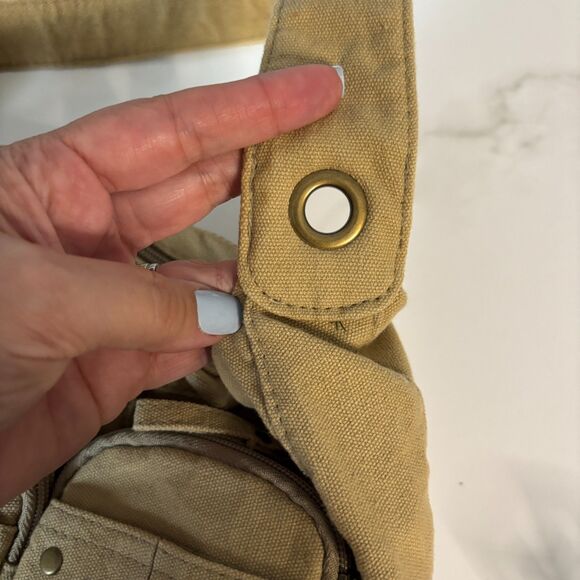 Vintage Y2K 90s Purse Bag Baguette Shoulder Bag Military Pockets Canvas Beige - Picture 5 of 9